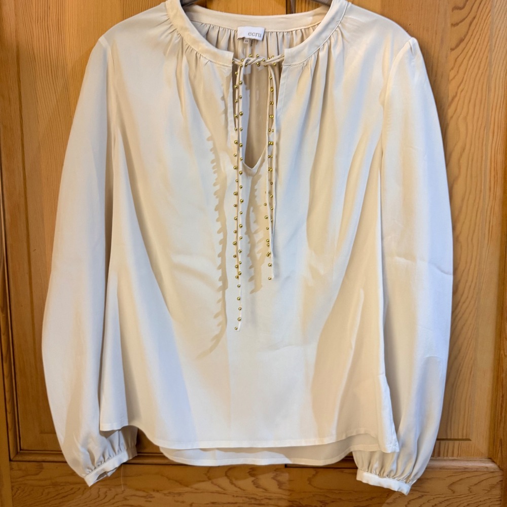 Ecru Silk Blend Blouse XS Cream Beaded Tie Long Sleeve Elegant Quiet Lux Office